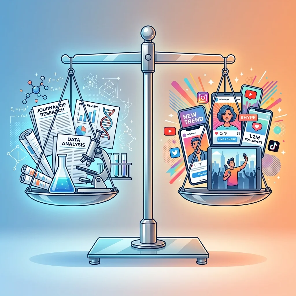 Conceptual illustration balancing scientific evidence against social media hype around peptide therapy