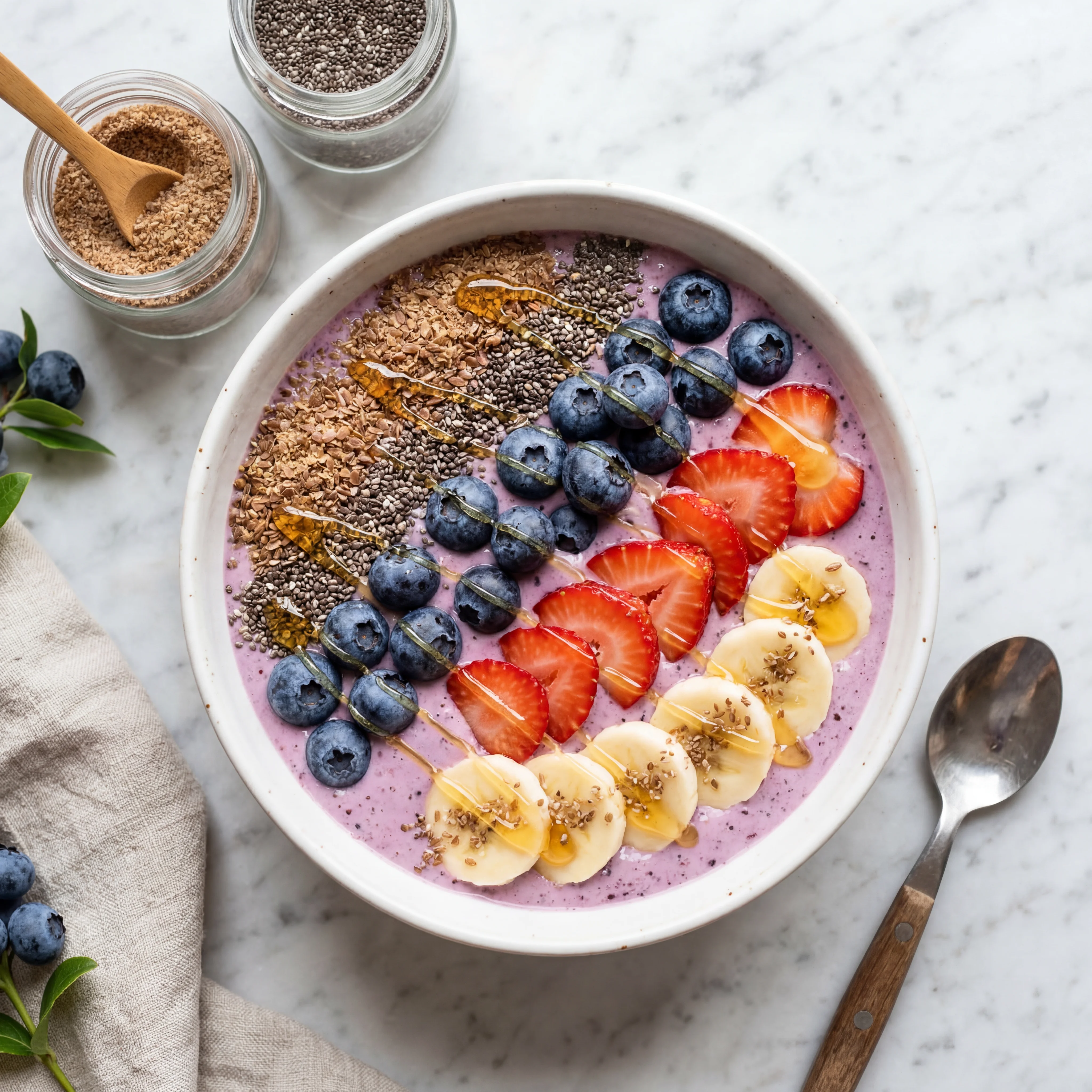 Ground seeds mixed into a smoothie bowl with fresh fruit toppings