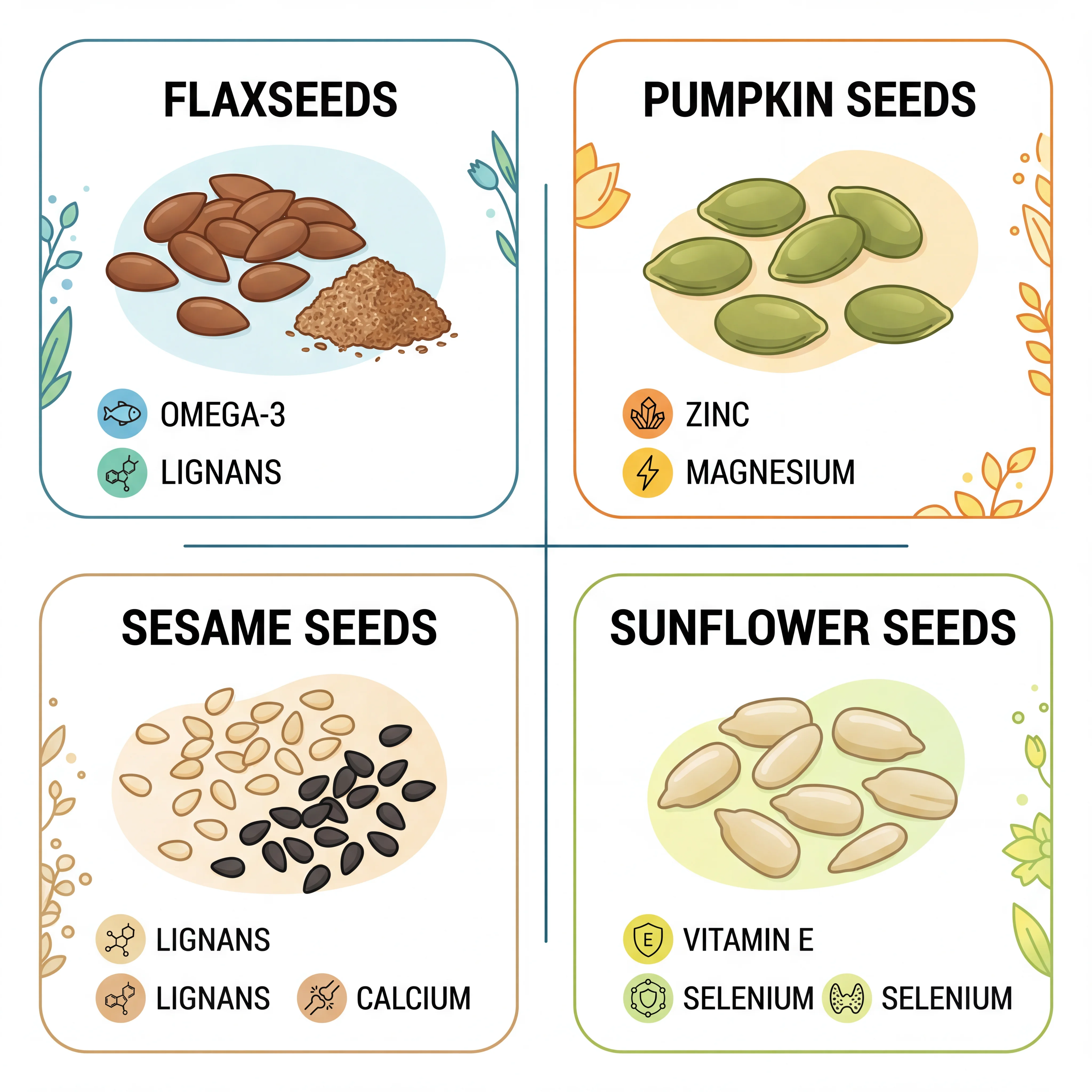 Infographic showing key nutrients in flaxseeds, pumpkin seeds, sesame seeds, and sunflower seeds