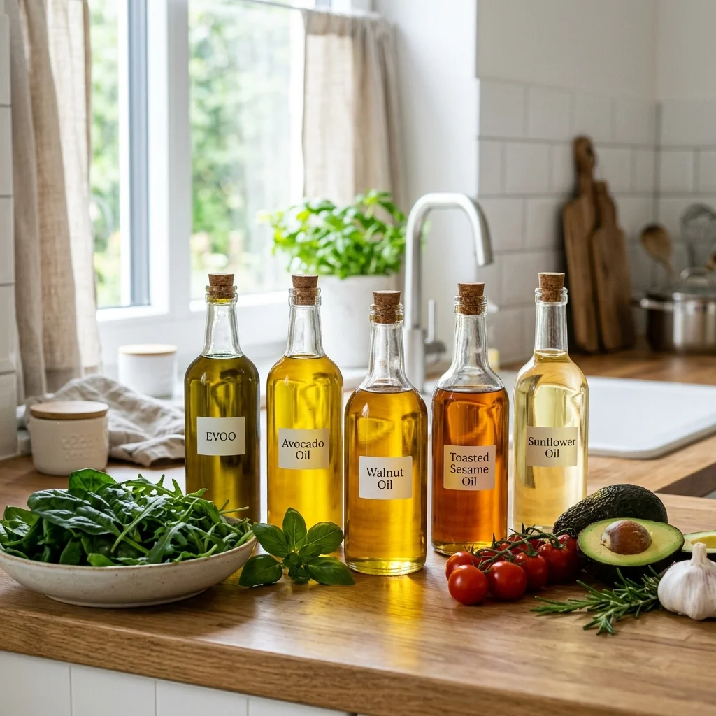 Several clear glass bottles of different cooking oils arranged on a kitchen counter beside fresh vegetables