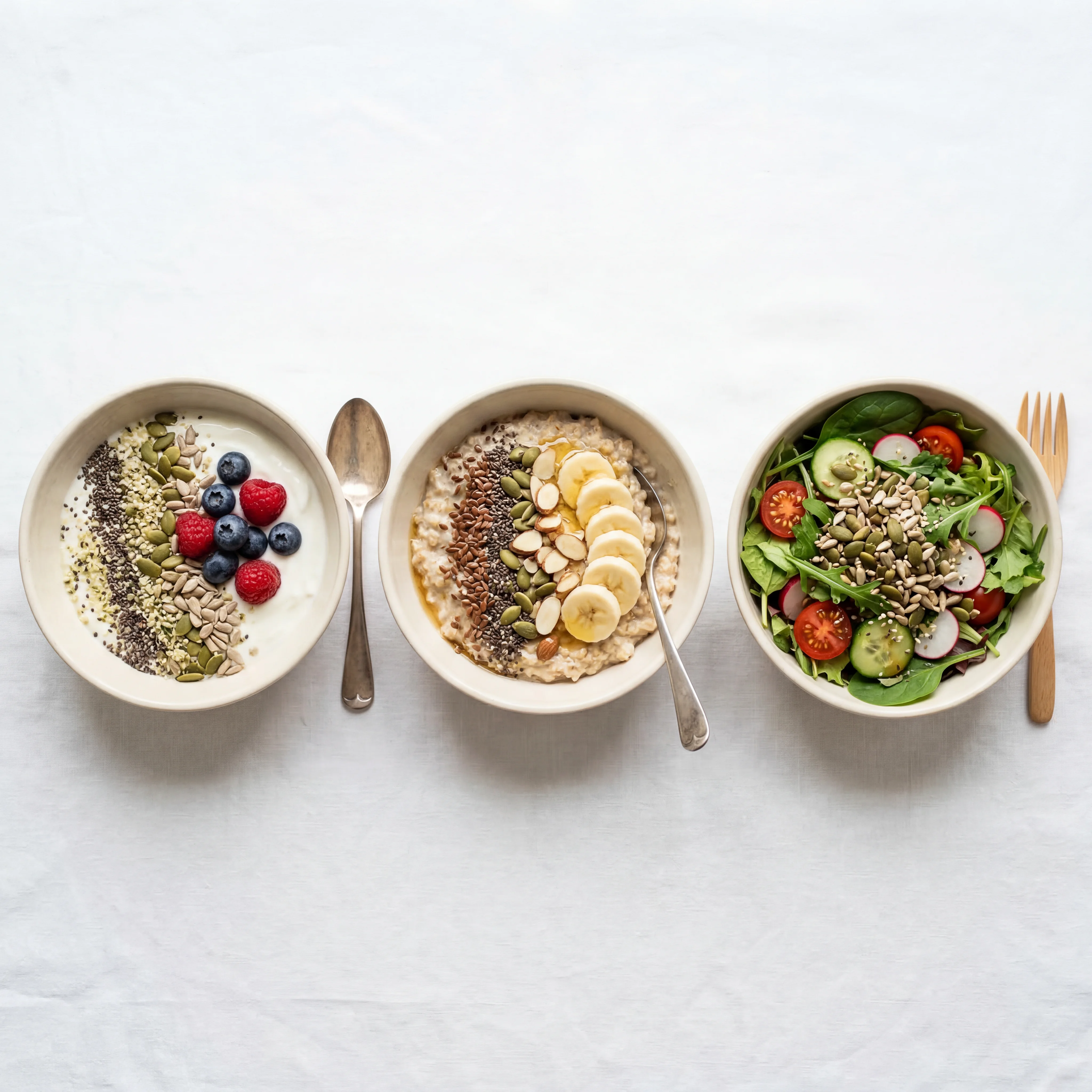 Variety of seeds sprinkled on top of yogurt, oatmeal, and salad in separate bowls