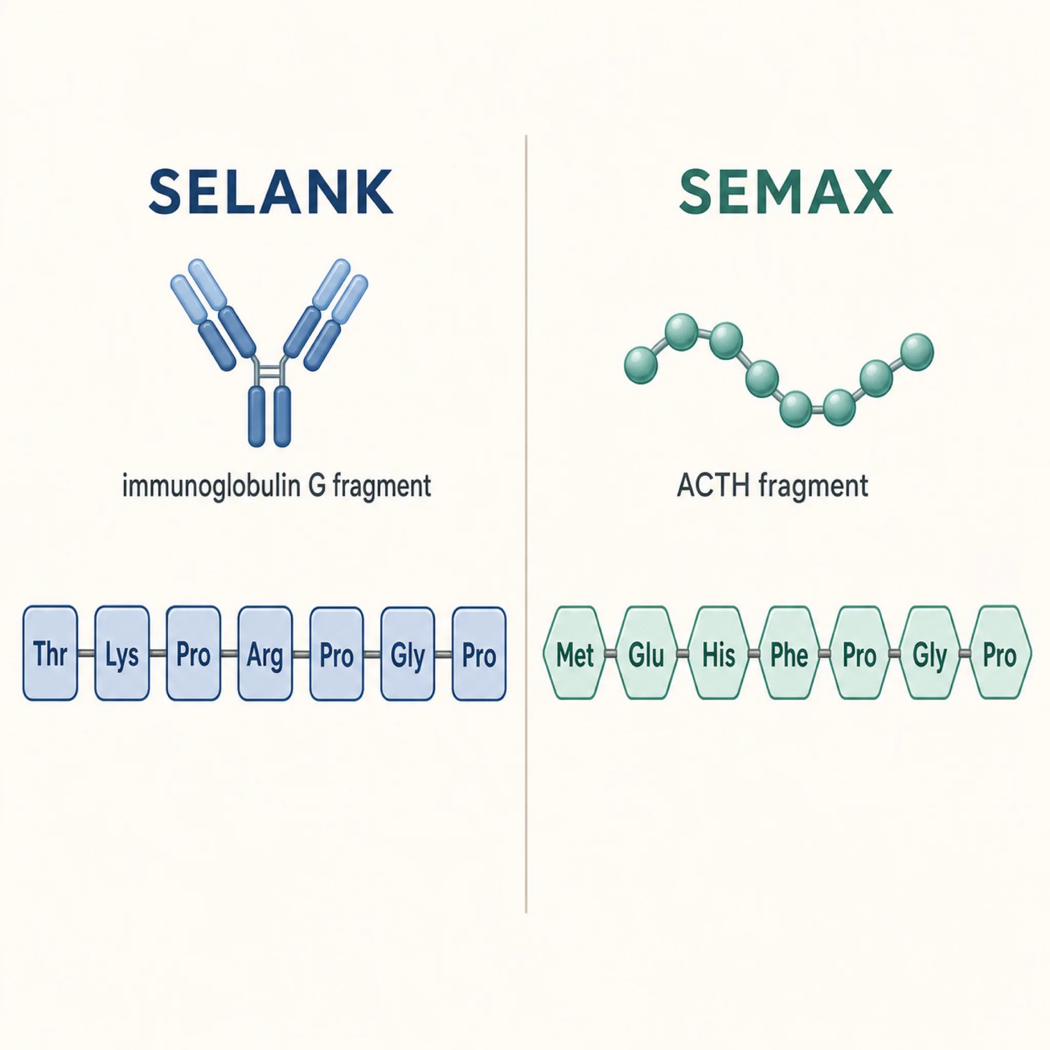 Side-by-side molecular structure comparison showing Selank derived from tuftsin (Thr-Lys-Pro-Arg-Pro-Gly-Pro) and Semax derived from ACTH(4-10) (Met-Glu-His-Phe-Pro-Gly-Pro)