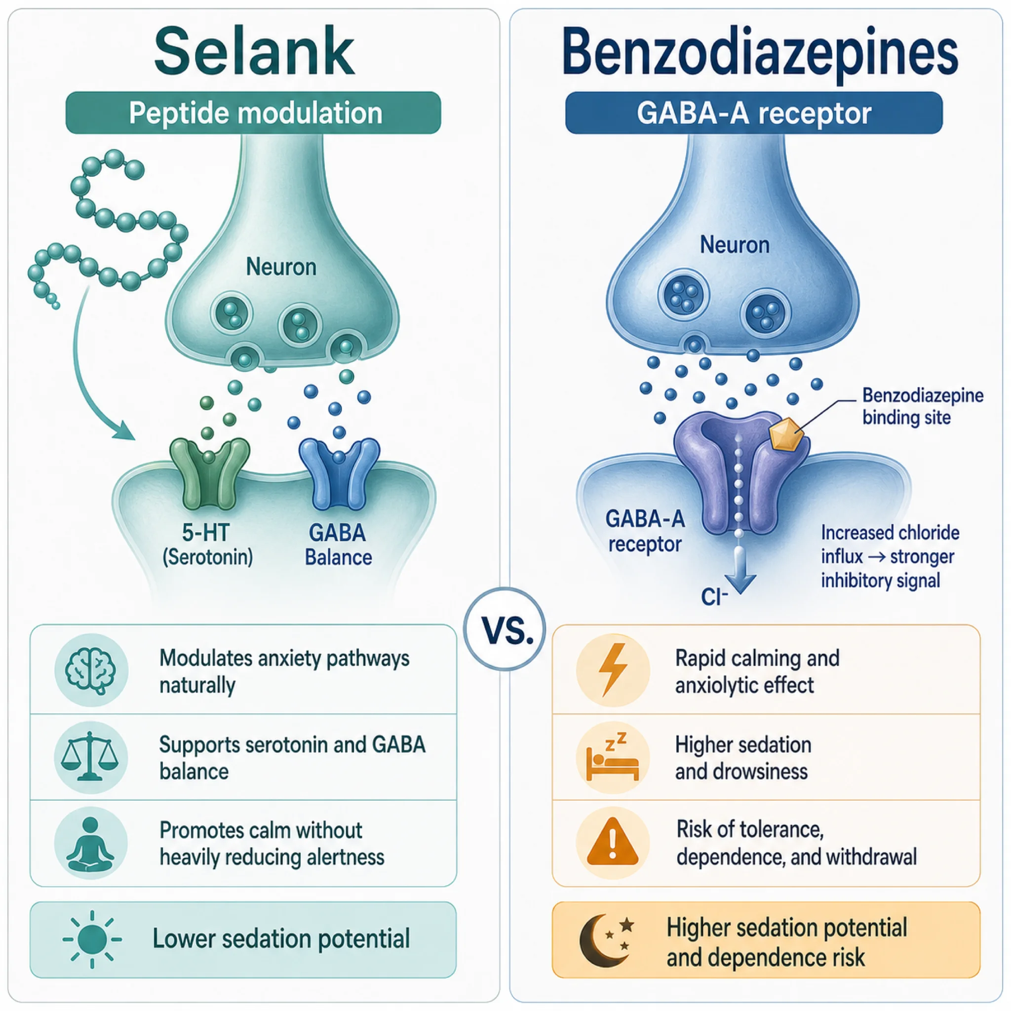 Comparison diagram of Selank versus benzodiazepine mechanisms showing different approaches to GABA system modulation