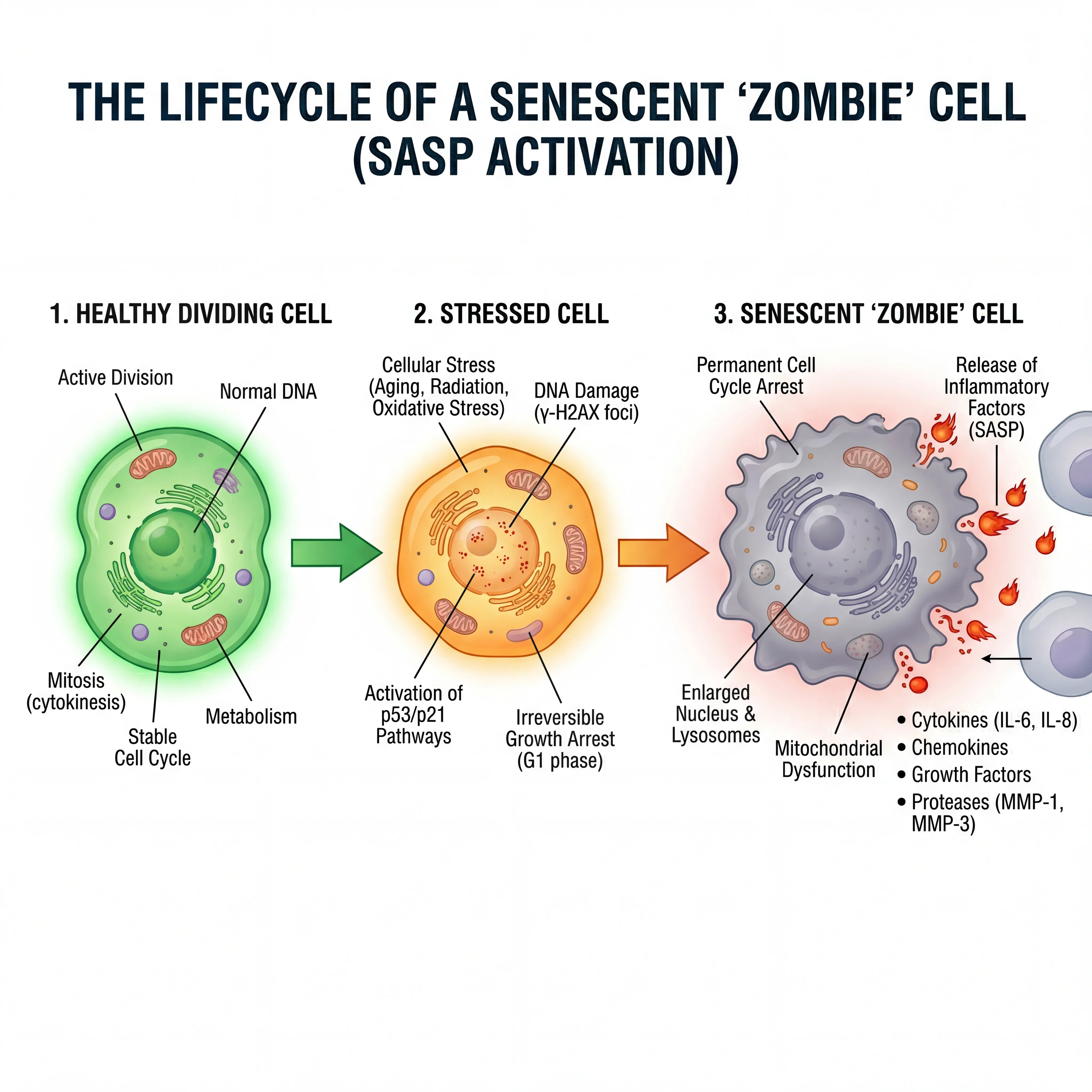 Scientific infographic showing the progression from healthy cell to stressed cell to senescent cell releasing SASP inflammatory molecules
