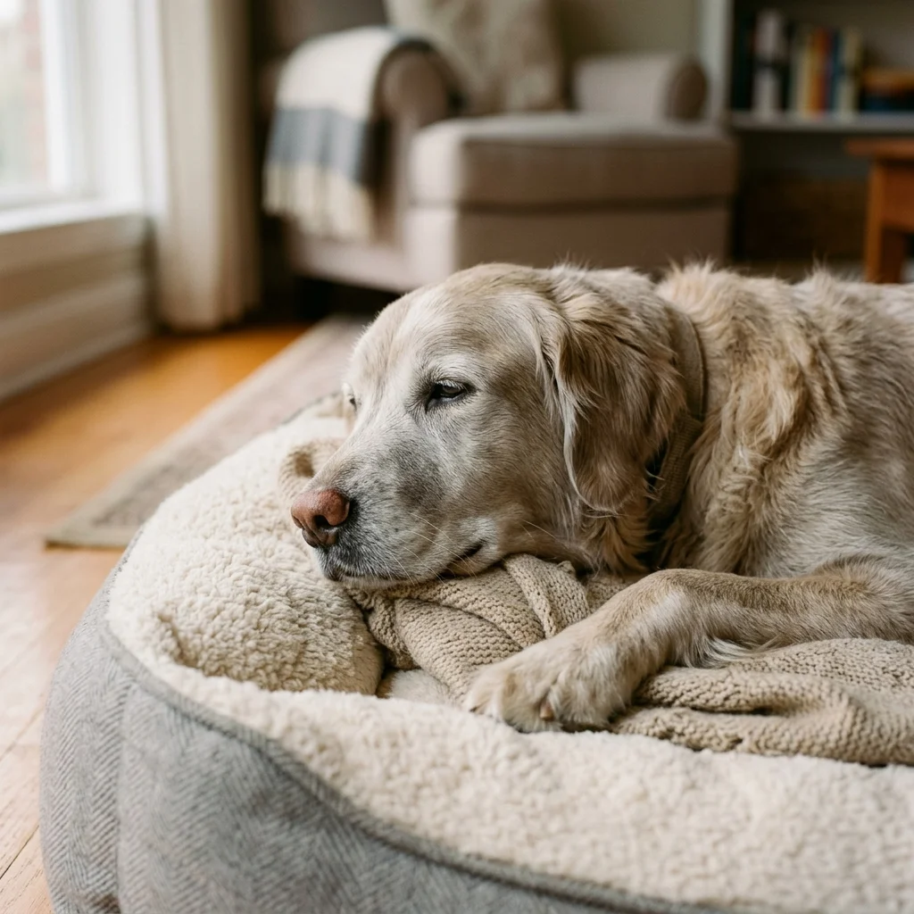 Senior golden retriever resting comfortably on a dog bed