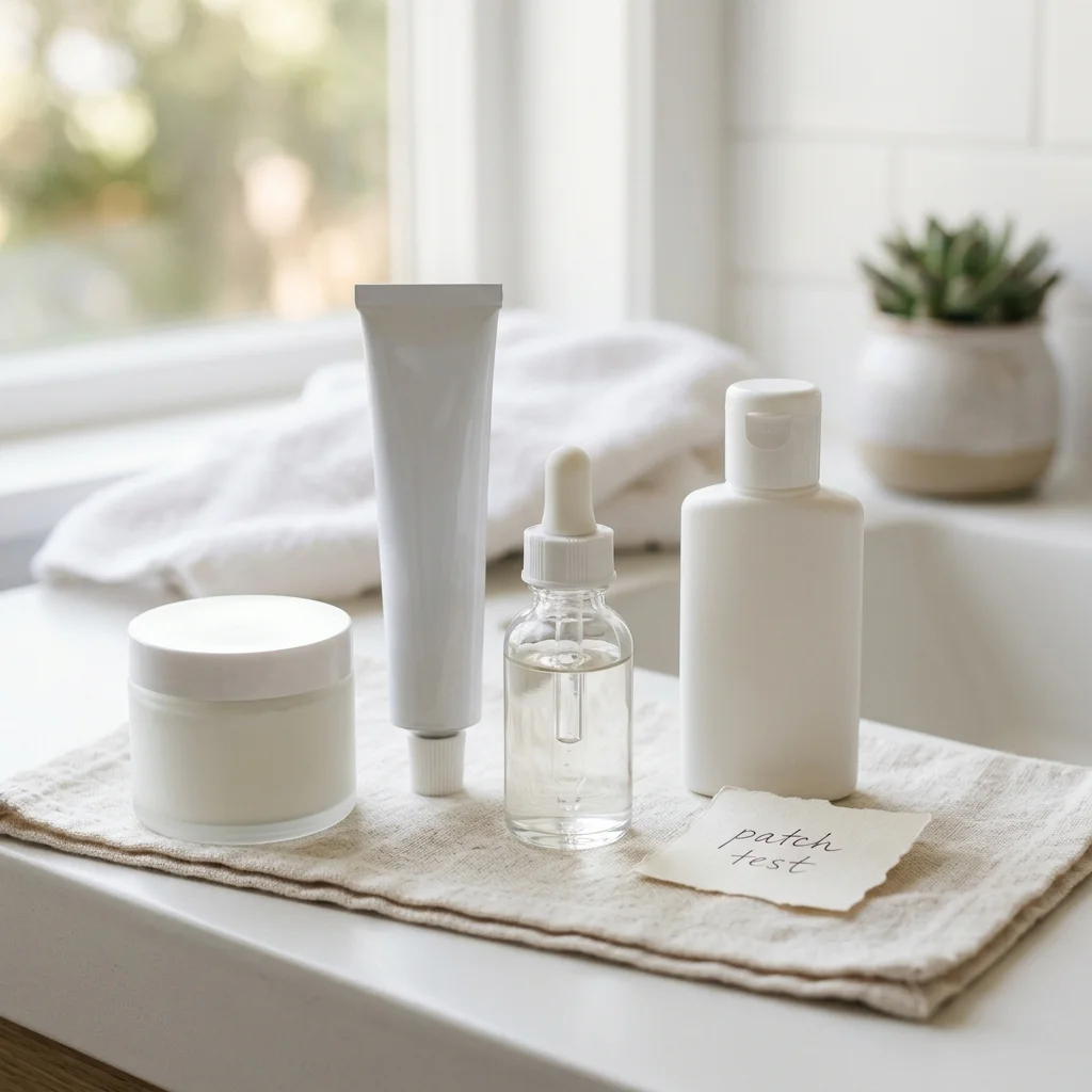 Sensitive skin routine with moisturizer retinol peptide serum sunscreen and patch test note