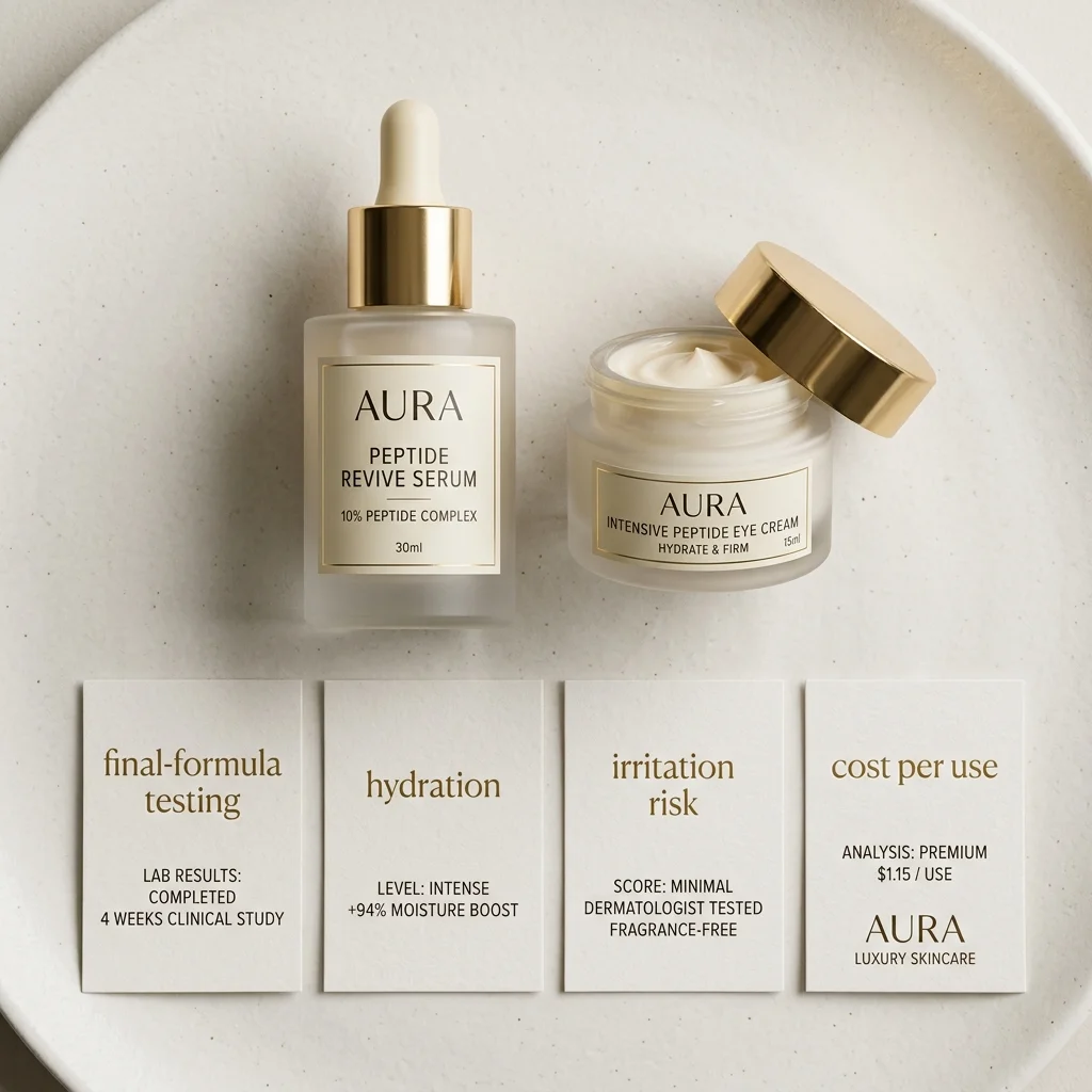 Luxury serum and peptide eye cream comparison with decision cards