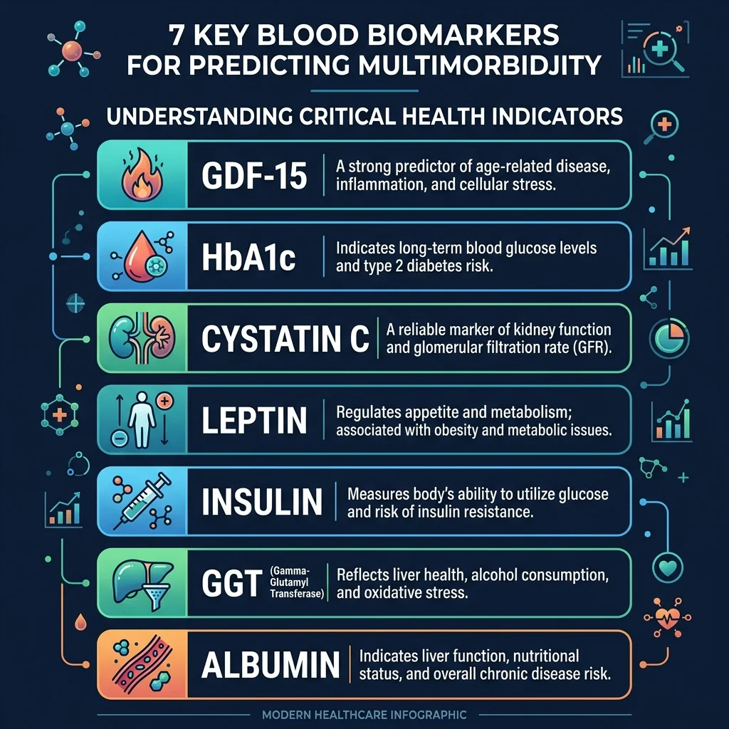 Infographic showing seven key blood biomarkers that predict multimorbidity risk including GDF-15, HbA1c, Cystatin C, leptin, insulin, GGT, and albumin