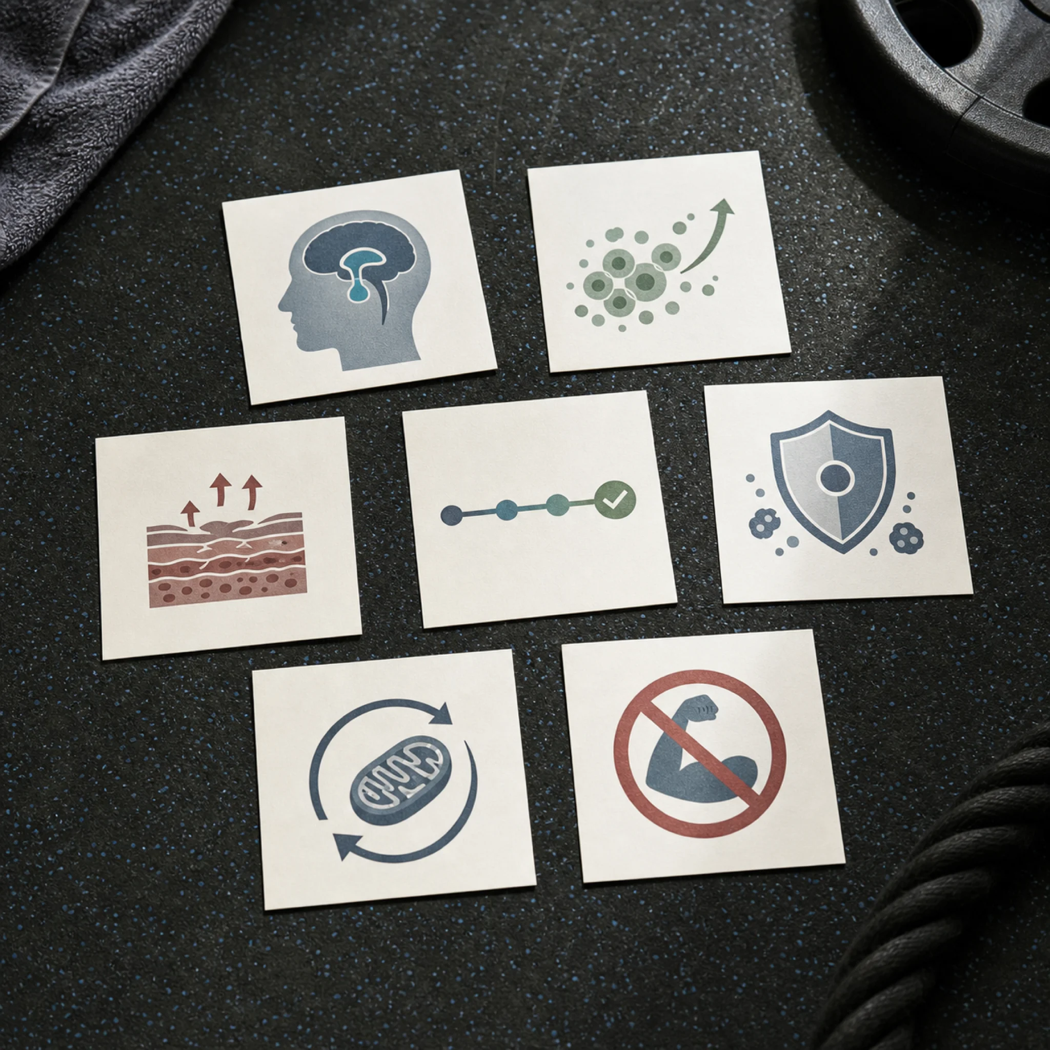 Seven evidence cards representing peptide categories discussed by bodybuilders