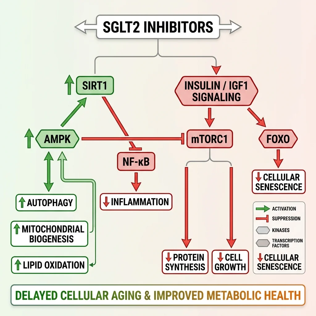Molecular pathway diagram showing how SGLT2 inhibitors affect aging-related signaling including AMPK, mTOR, SIRT1, and autophagy