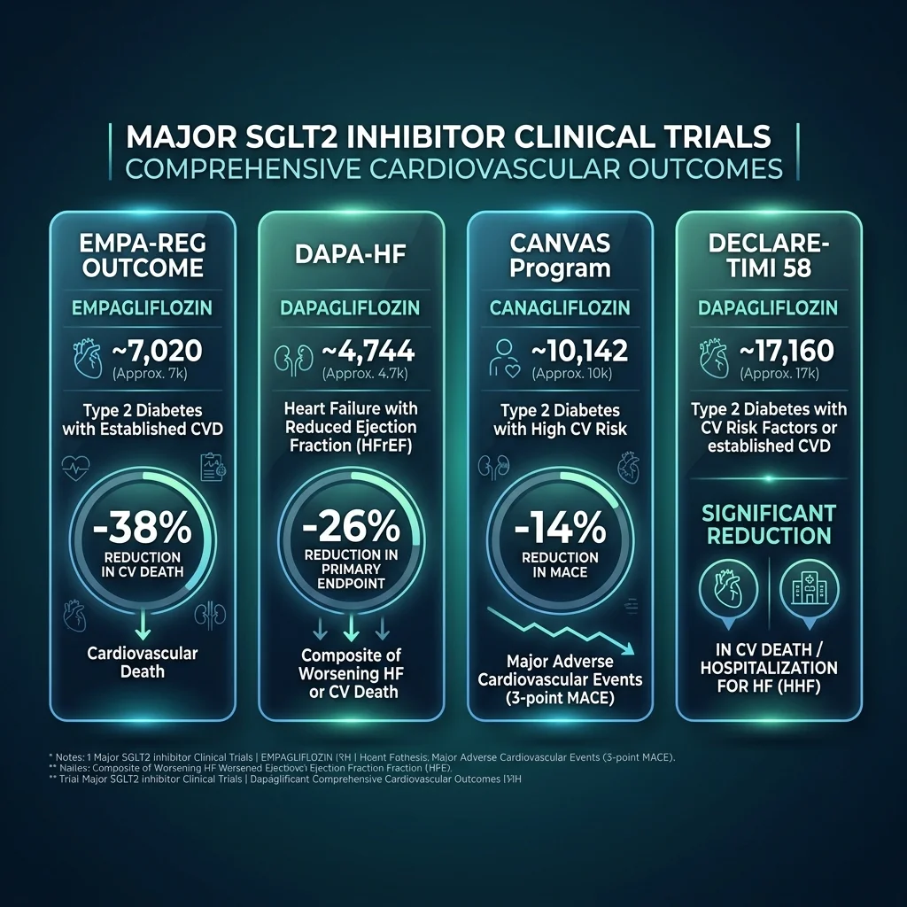 Comparison of four major SGLT2 inhibitor cardiovascular clinical trials showing risk reduction percentages