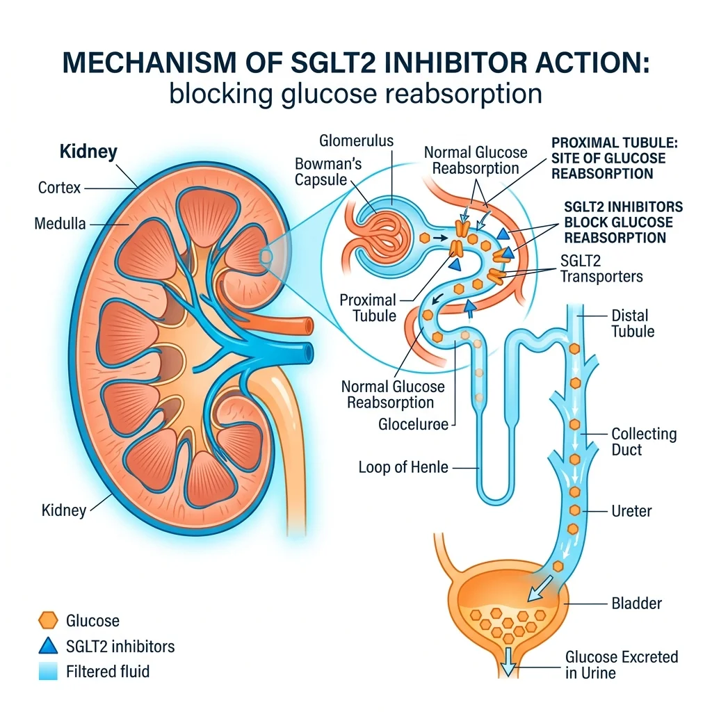 Illustration of SGLT2 inhibitor mechanism in the kidney proximal tubule blocking glucose reabsorption