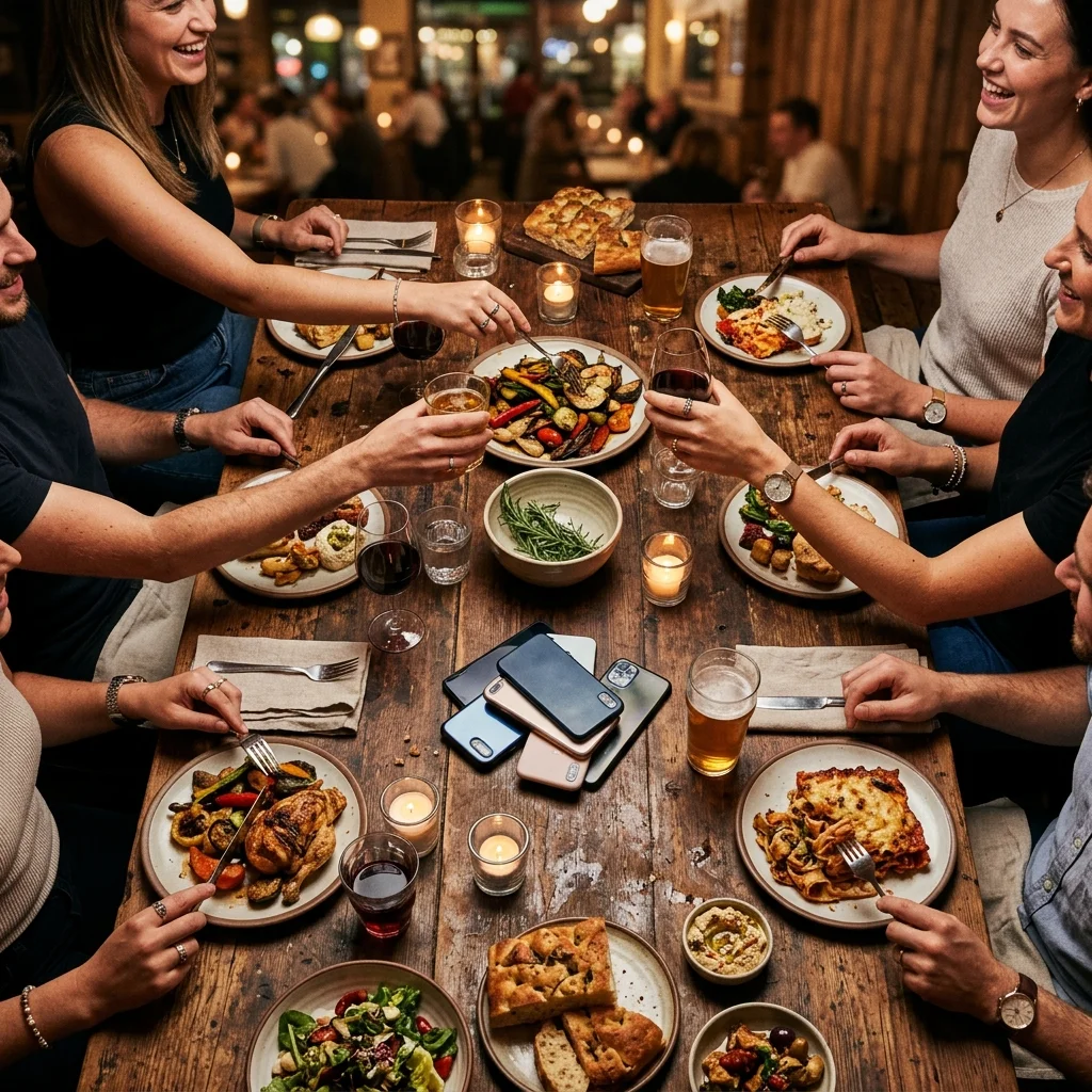 Friends gathered around a table sharing a meal with phones deliberately set aside