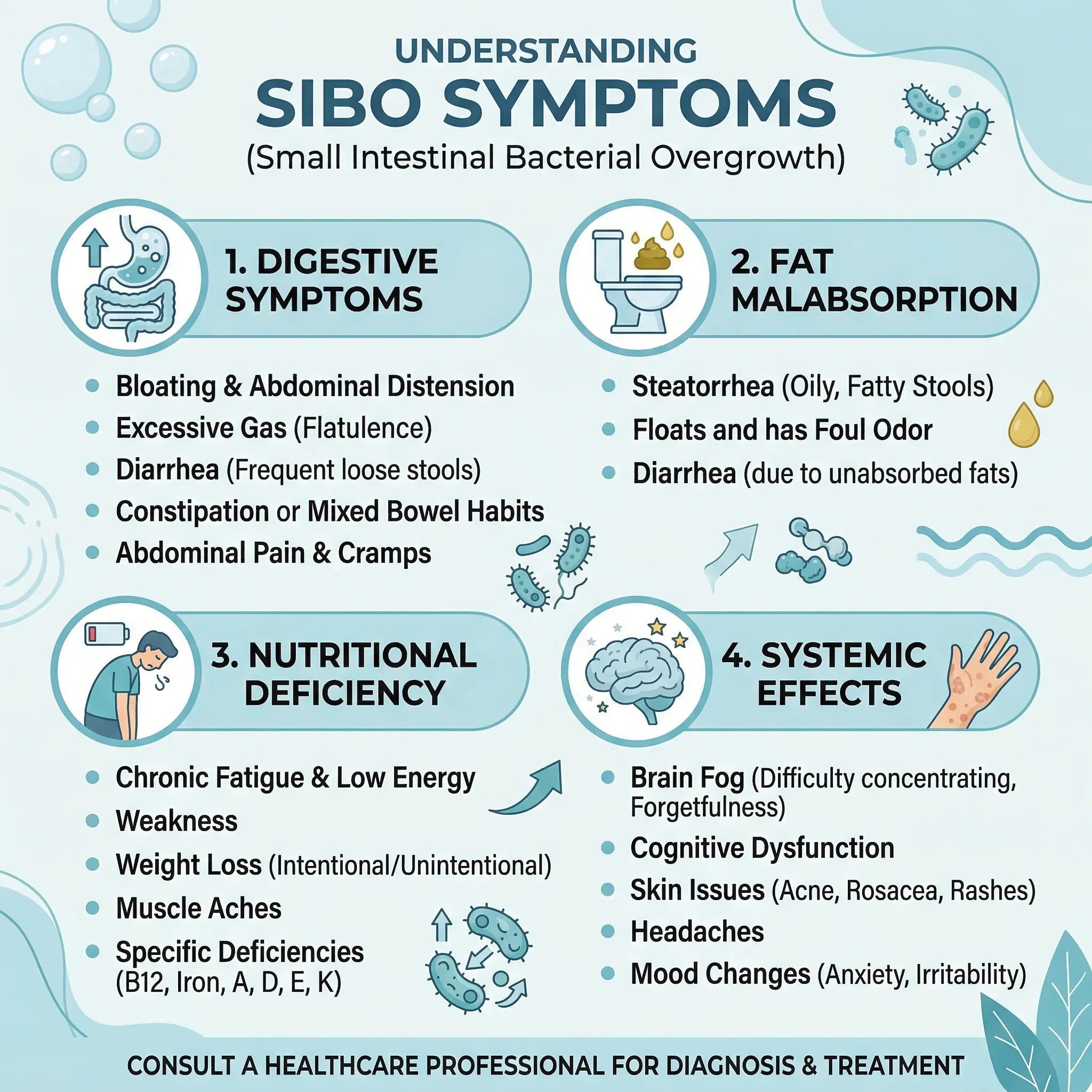 Infographic showing digestive, nutritional, and systemic symptoms of SIBO organized by category