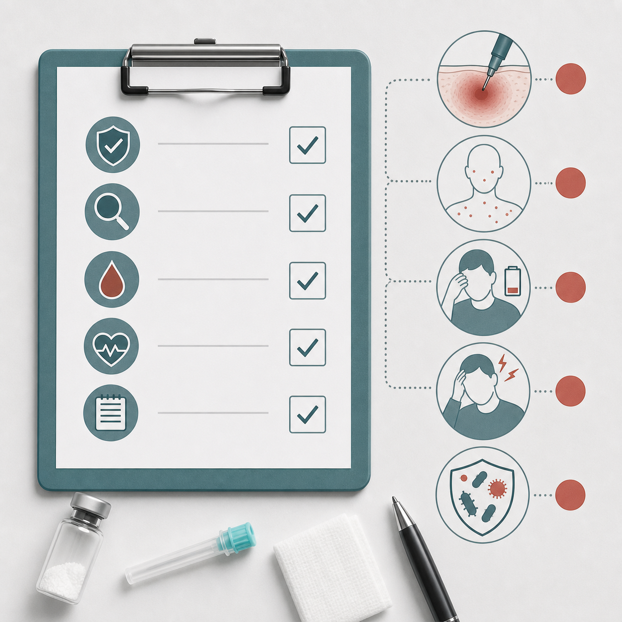 Safety checklist illustration showing possible peptide injection monitoring categories