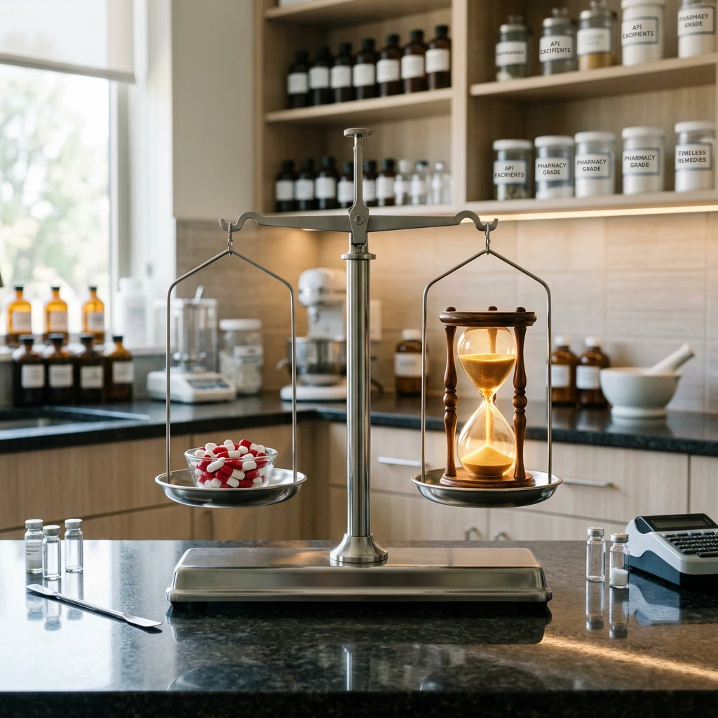 Balanced scale comparing documented rapamycin side effects against potential longevity benefits