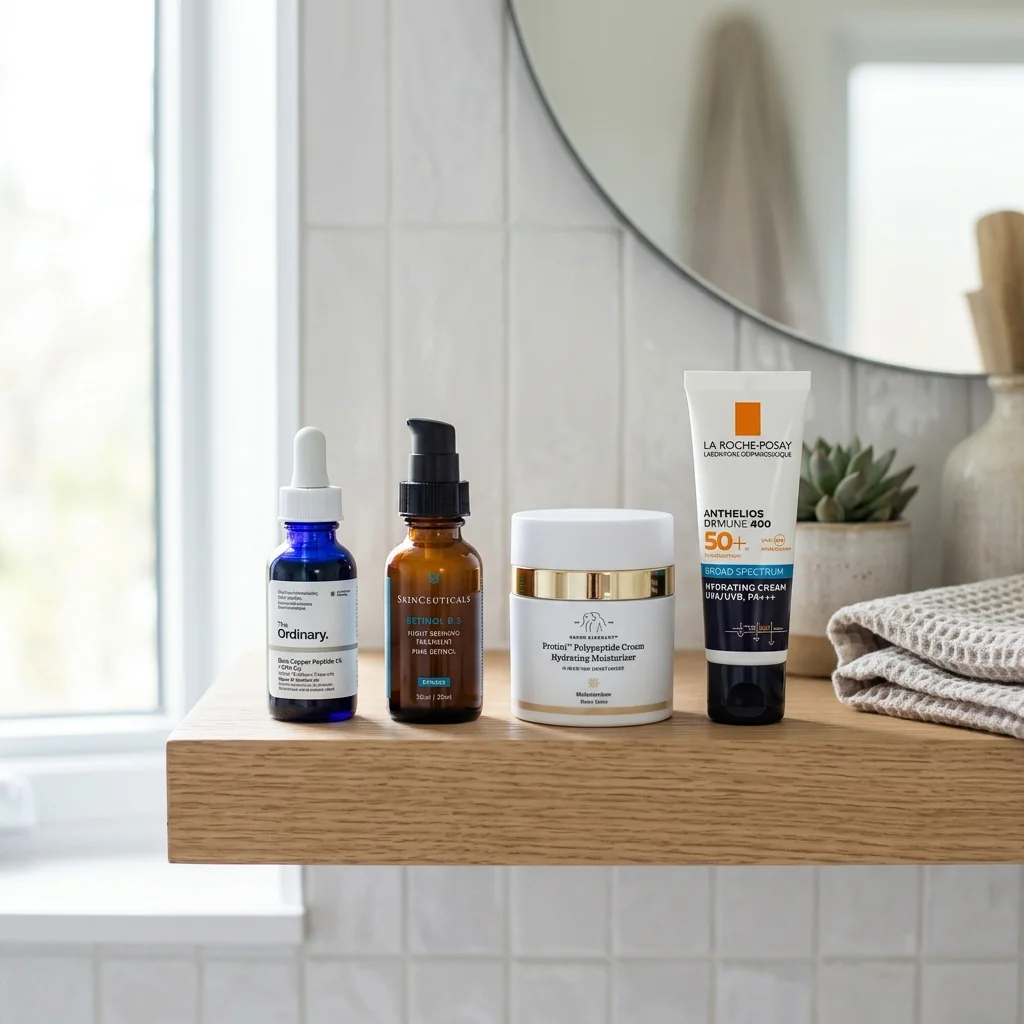 Simple anti-aging skincare routine with sunscreen, retinol, moisturizer, and copper peptide serum
