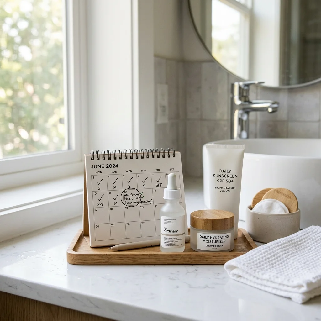 A simple peptide serum routine with moisturizer sunscreen and a tracking calendar