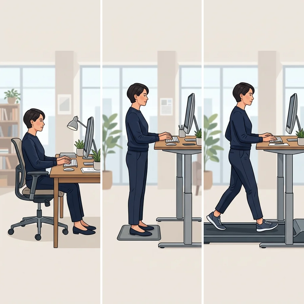 Three desk setups compared: traditional sitting, standing desk, and walking pad workstation