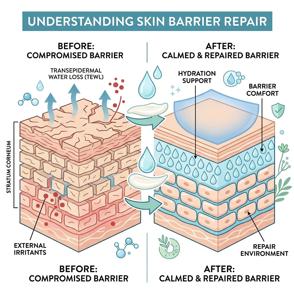 Skin barrier diagram showing hydration and comfort support from snail mucin