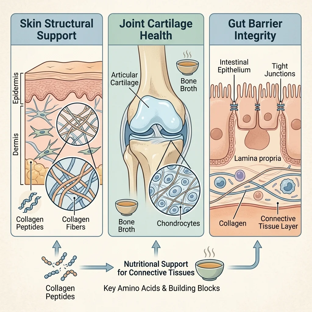 Illustration comparing skin joint and gut claim pathways for collagen and bone broth