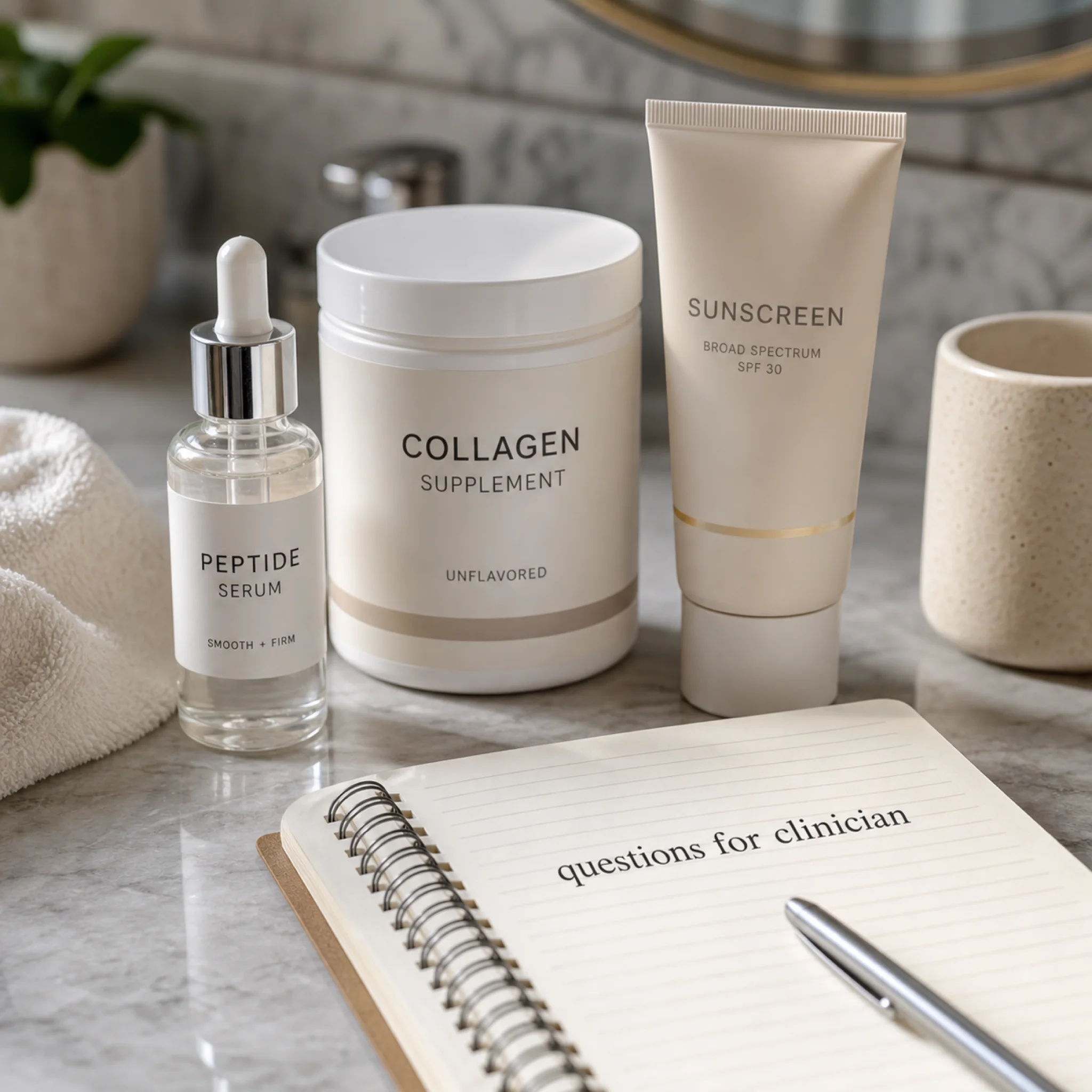 Skincare peptide and collagen products with clinician question notes