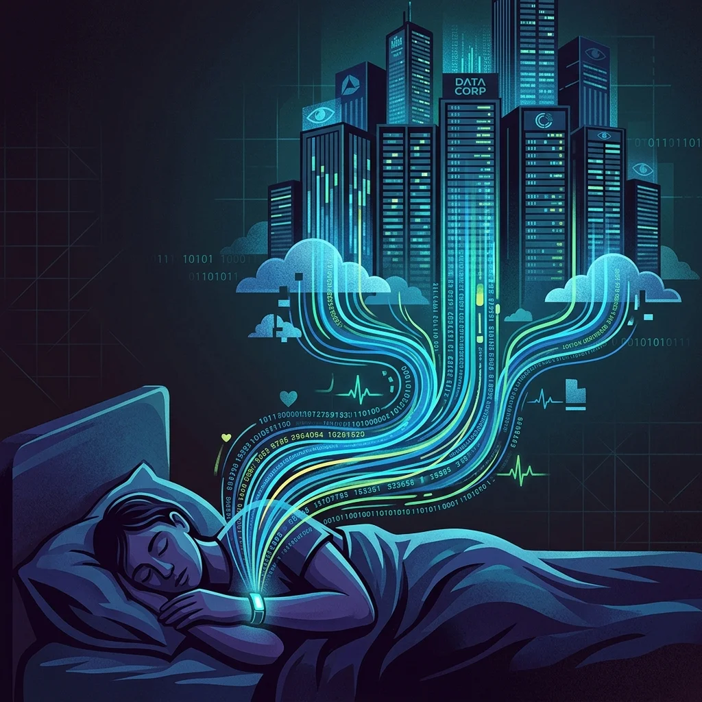 Abstract illustration of sleep health data flowing from a wearable device to cloud servers representing data privacy concerns