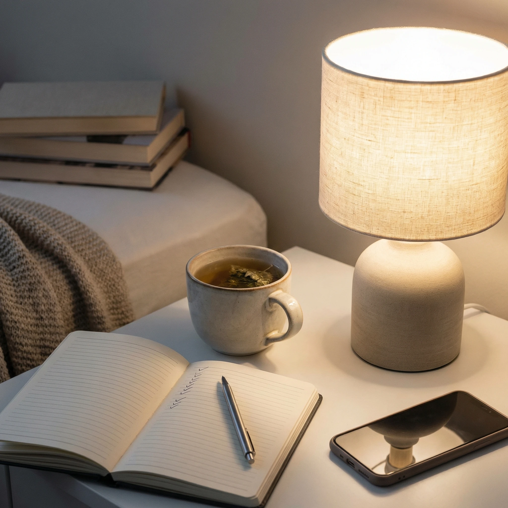 Bedtime routine setup with tea, notebook checklist, and dim evening lighting