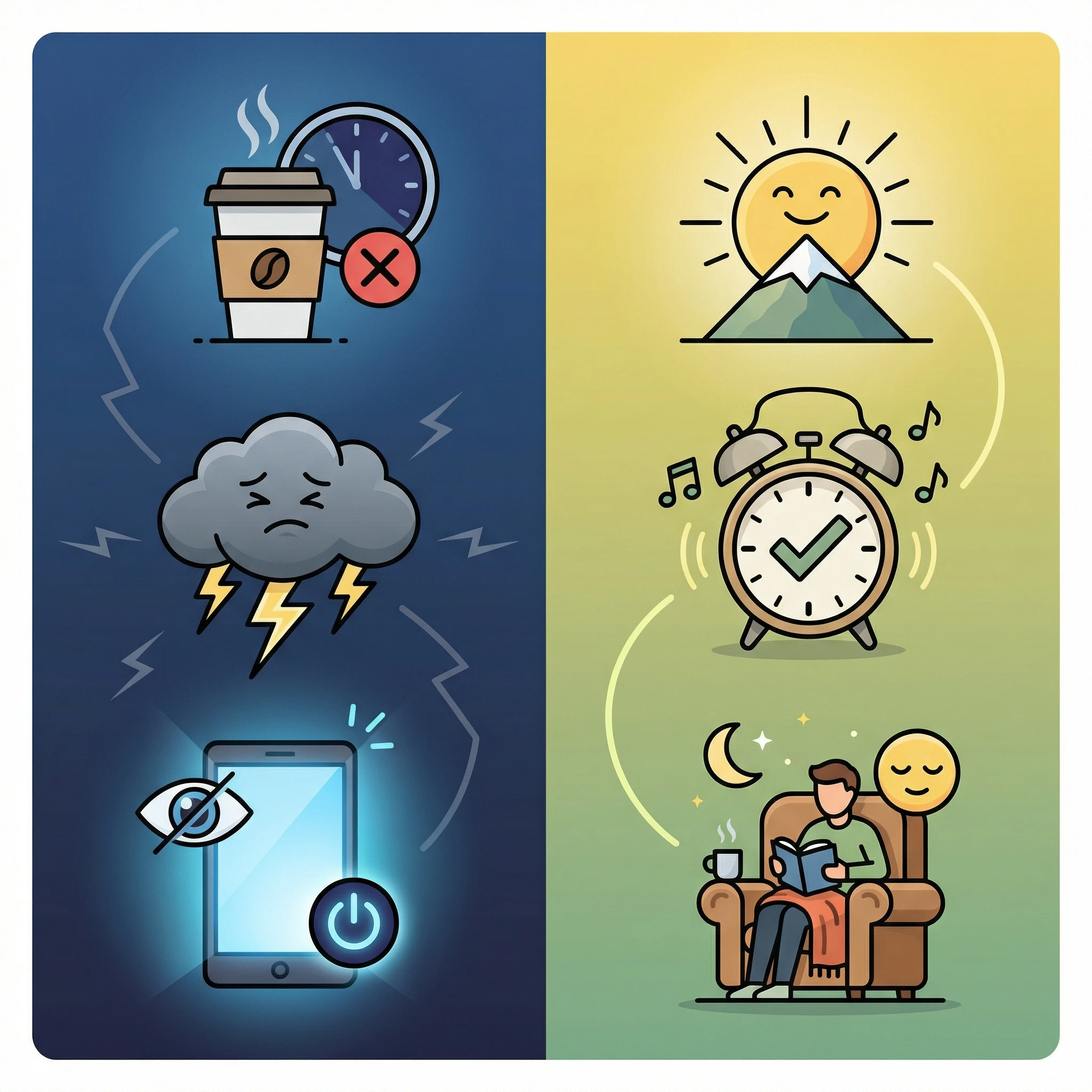 Split infographic showing sleep risk behaviors on one side and protective sleep habits on the other