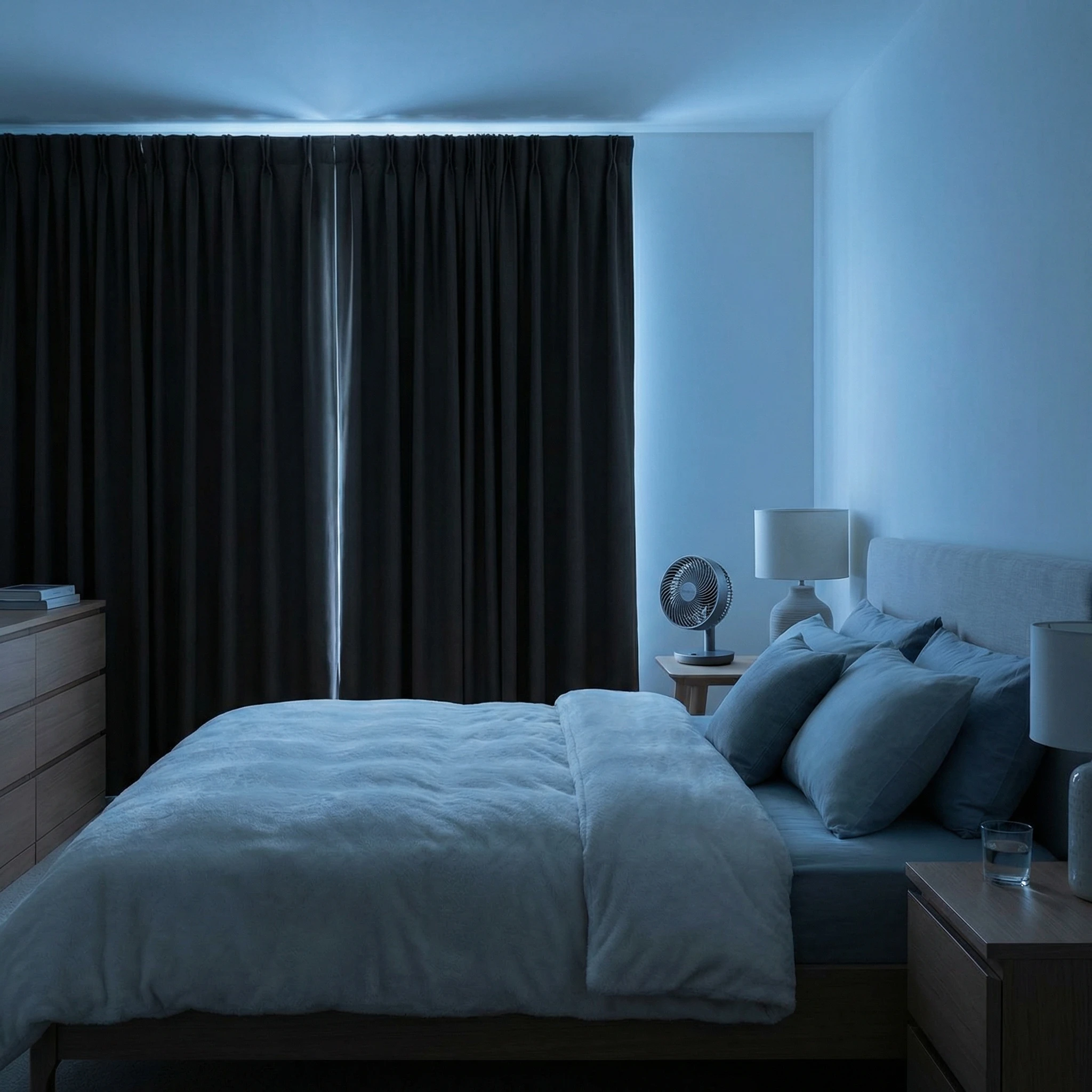 Sleep-friendly bedroom with blackout curtains and minimal noise cues