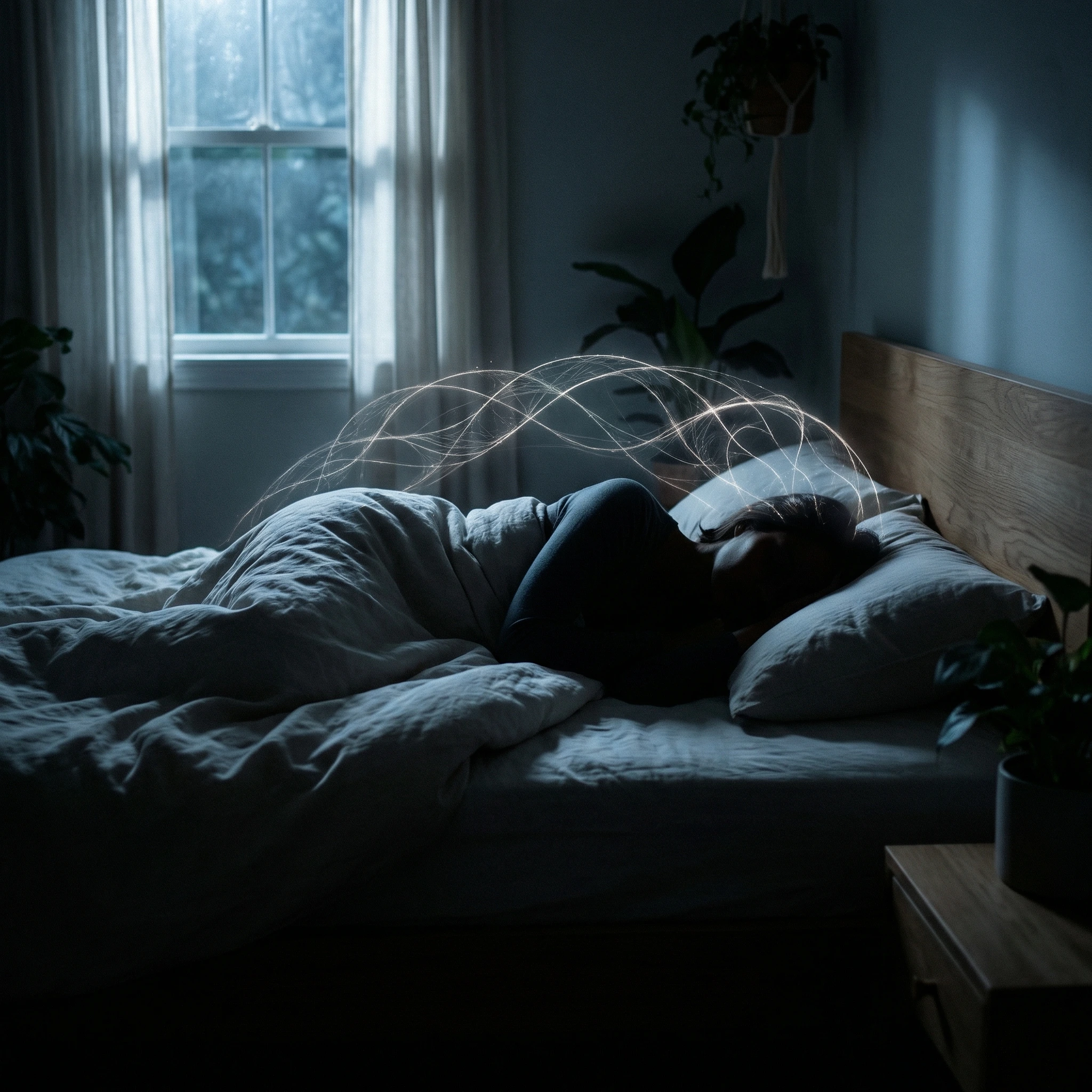 Nighttime bedroom scene with soft moonlight and subtle diagram arrows indicating sleep-driven memory consolidation