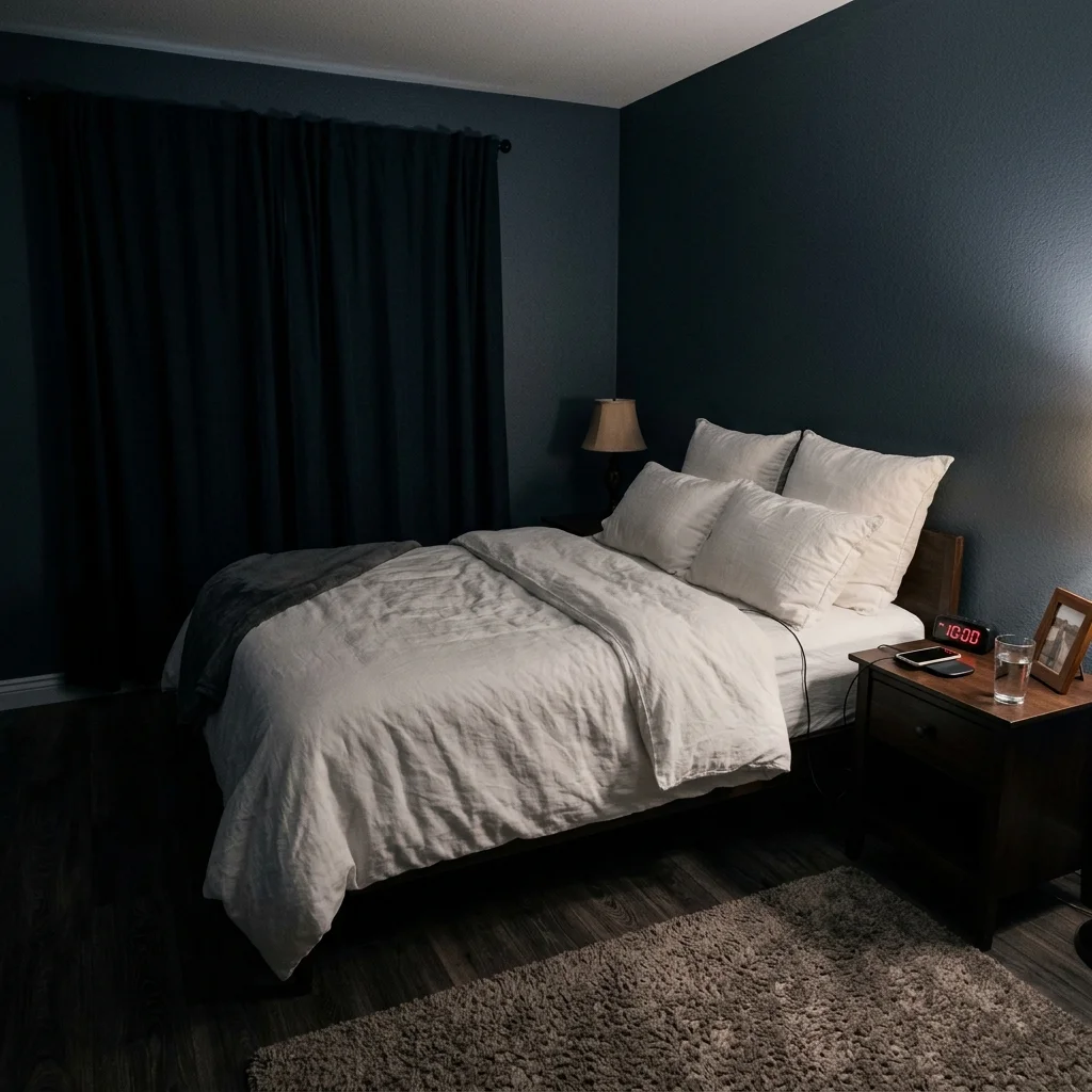 Sleep-optimized bedroom with dark curtains, minimal electronics, and warm low lighting for athletic recovery