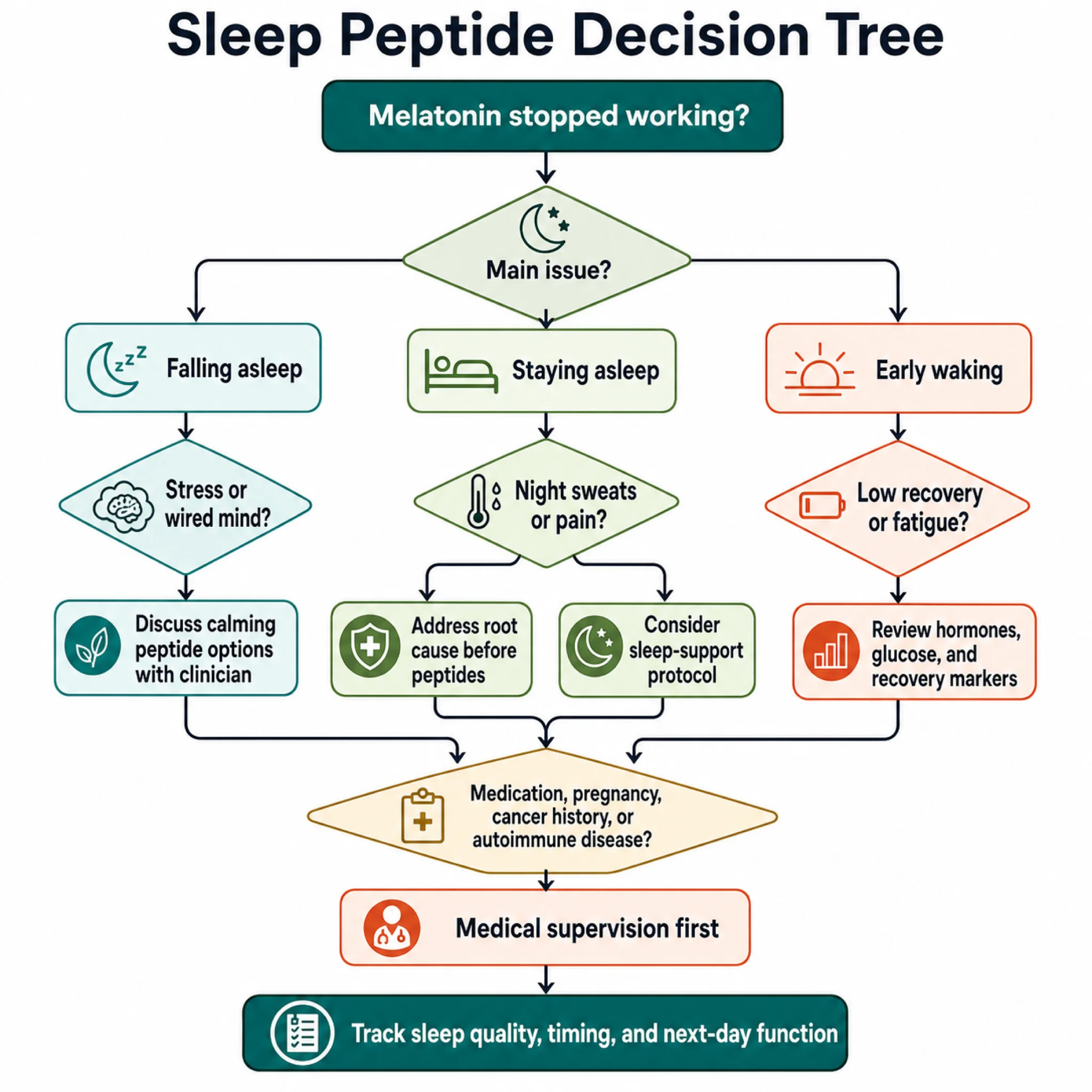 Decision tree flowchart showing which sleep peptide approach matches different types of perimenopausal insomnia