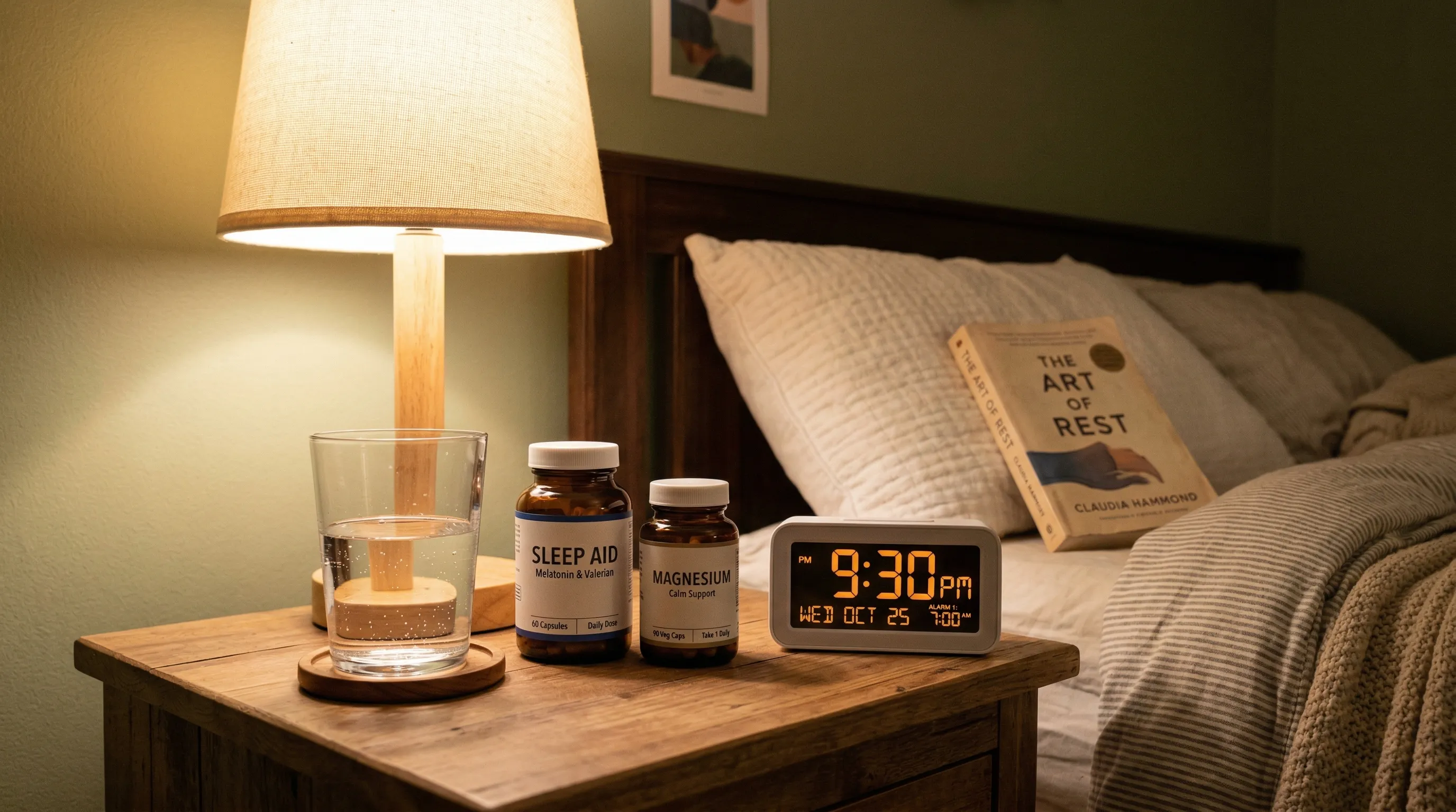 Timeline graphic showing the 30-60 minute pre-bedtime window for taking sleep supplements