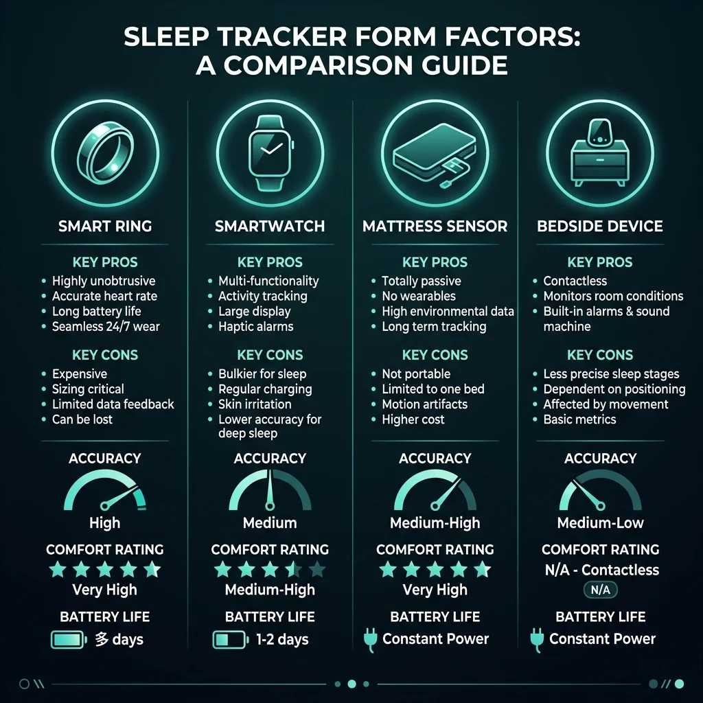 Infographic comparing sleep tracker form factors including smart rings, smartwatches, mattress sensors, and bedside devices with accuracy and comfort ratings
