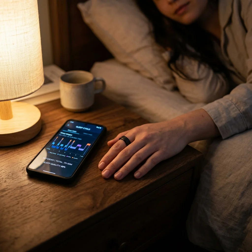 Person wearing a smart ring while sleeping with sleep tracking data visible on a bedside smartphone