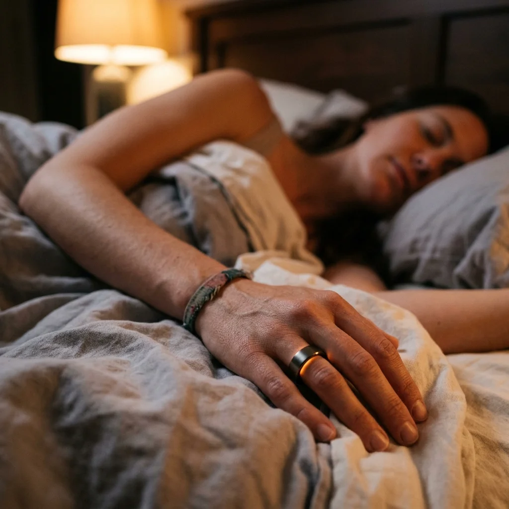 Sleep tracking smart ring worn during the night for monitoring sleep stages and heart rate variability