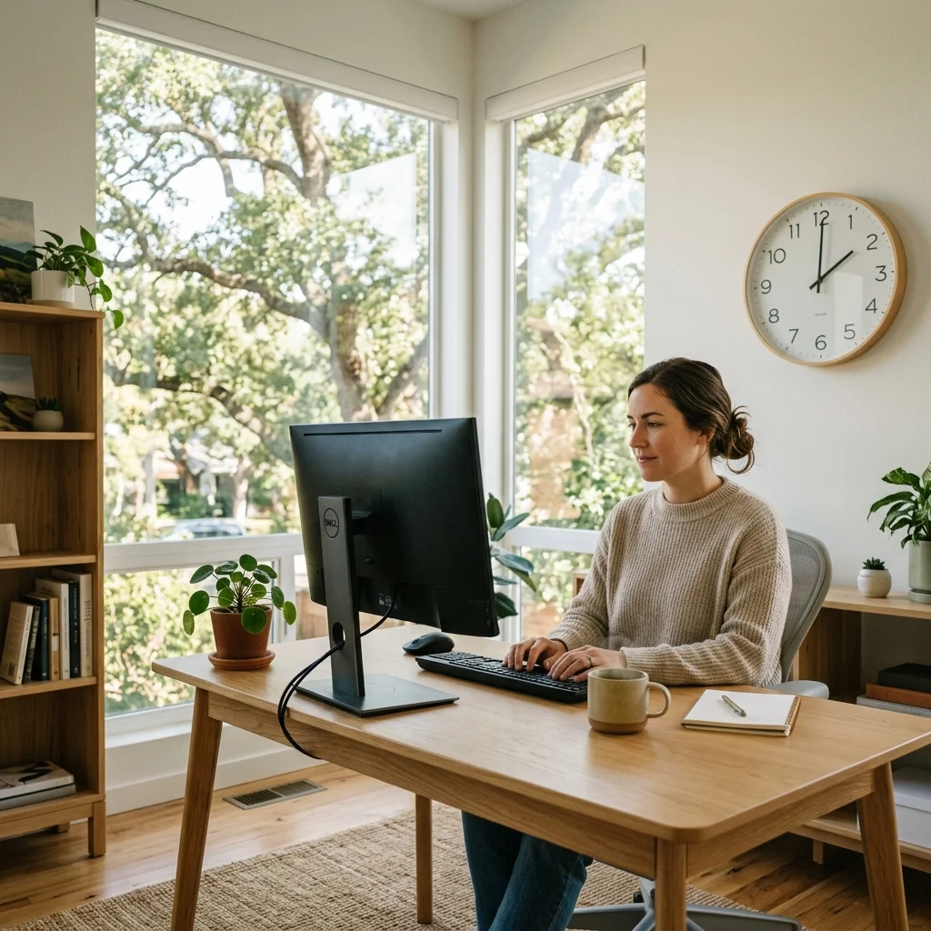 A focused person working in a calm, naturally lit home office with minimal distractions, illustrating intentional slow productivity
