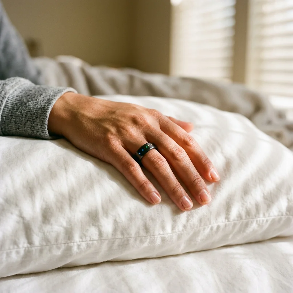 Smart ring on a person's finger resting on a pillow in soft morning light