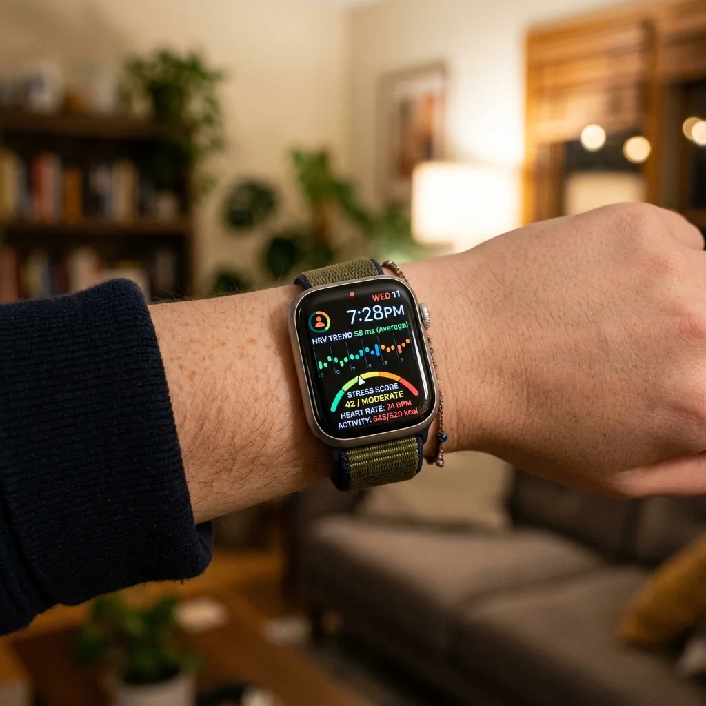 Smartwatch displaying heart rate variability and stress metrics on a person's wrist