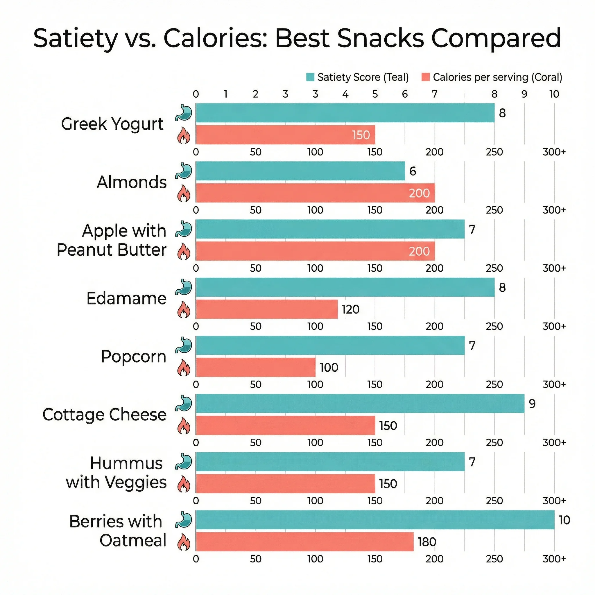 Infographic comparing calorie density and satiety ratings of eight popular healthy snacks, with Greek yogurt and almonds scoring highest for fullness per calorie