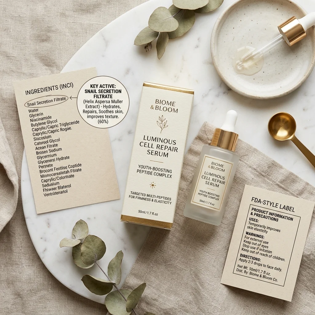 Skincare label showing snail secretion filtrate placement in the ingredient list