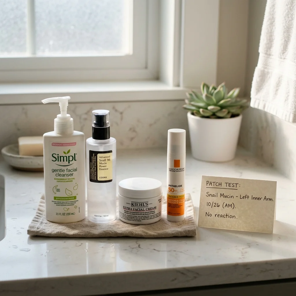 Simple snail mucin routine with moisturizer, sunscreen, and patch test note