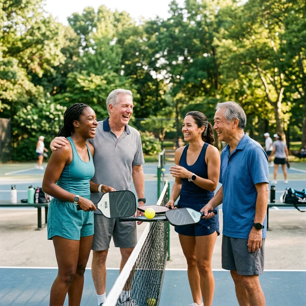 Mixed-age group of pickleball players socializing and laughing together at the net between games