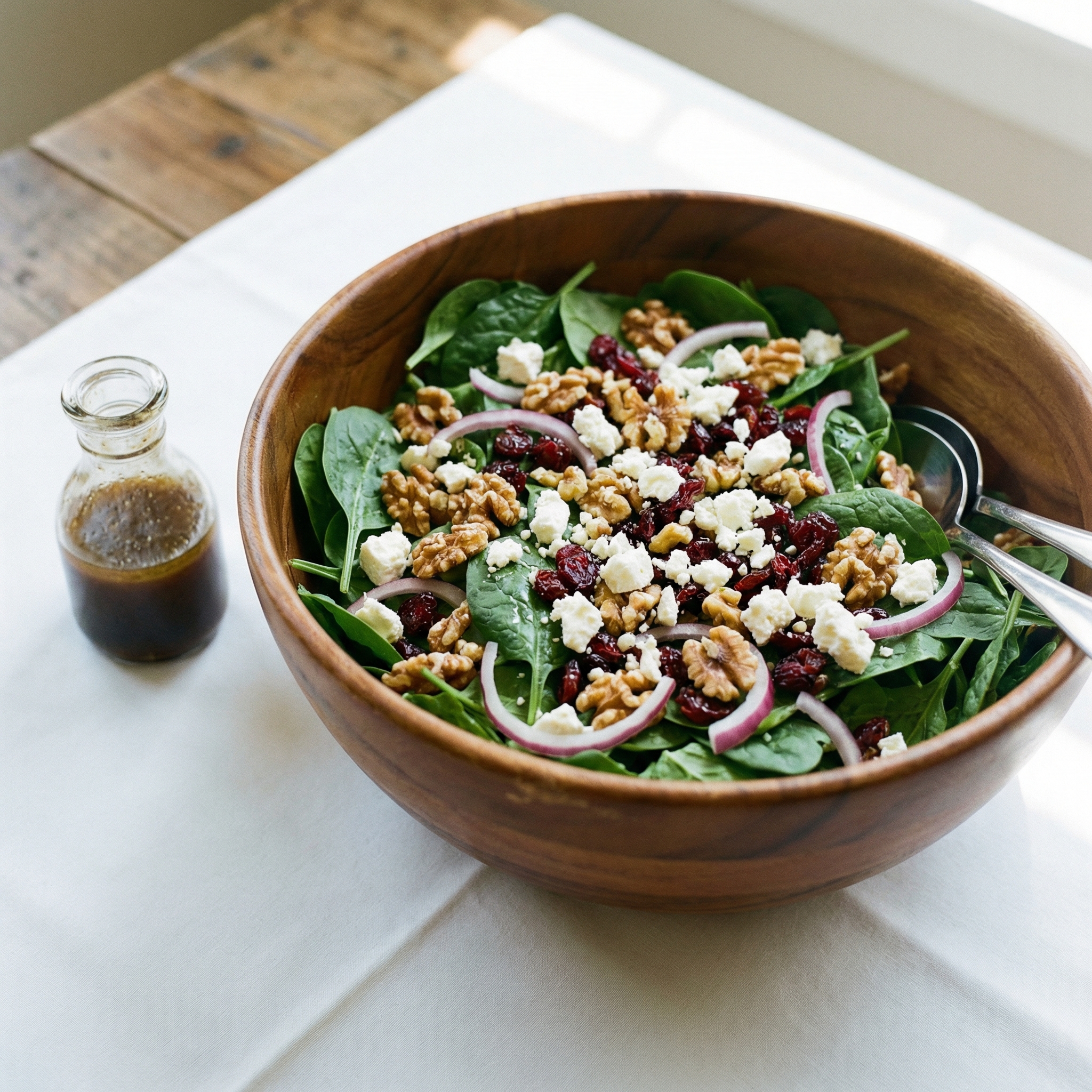 Fresh spinach salad with walnuts, crumbled feta cheese, dried cranberries, and sliced red onion in a wooden bowl