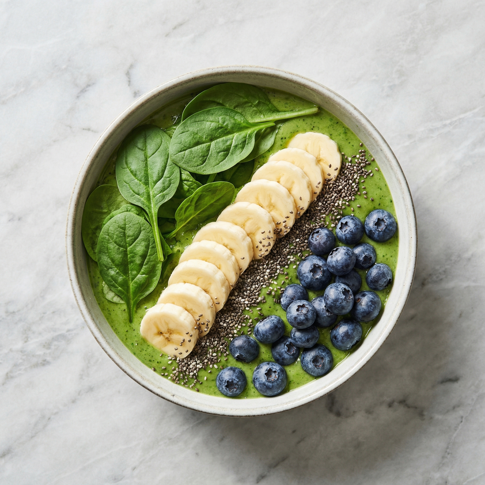 Green smoothie bowl topped with fresh spinach leaves, sliced banana, chia seeds, and blueberries on a marble countertop