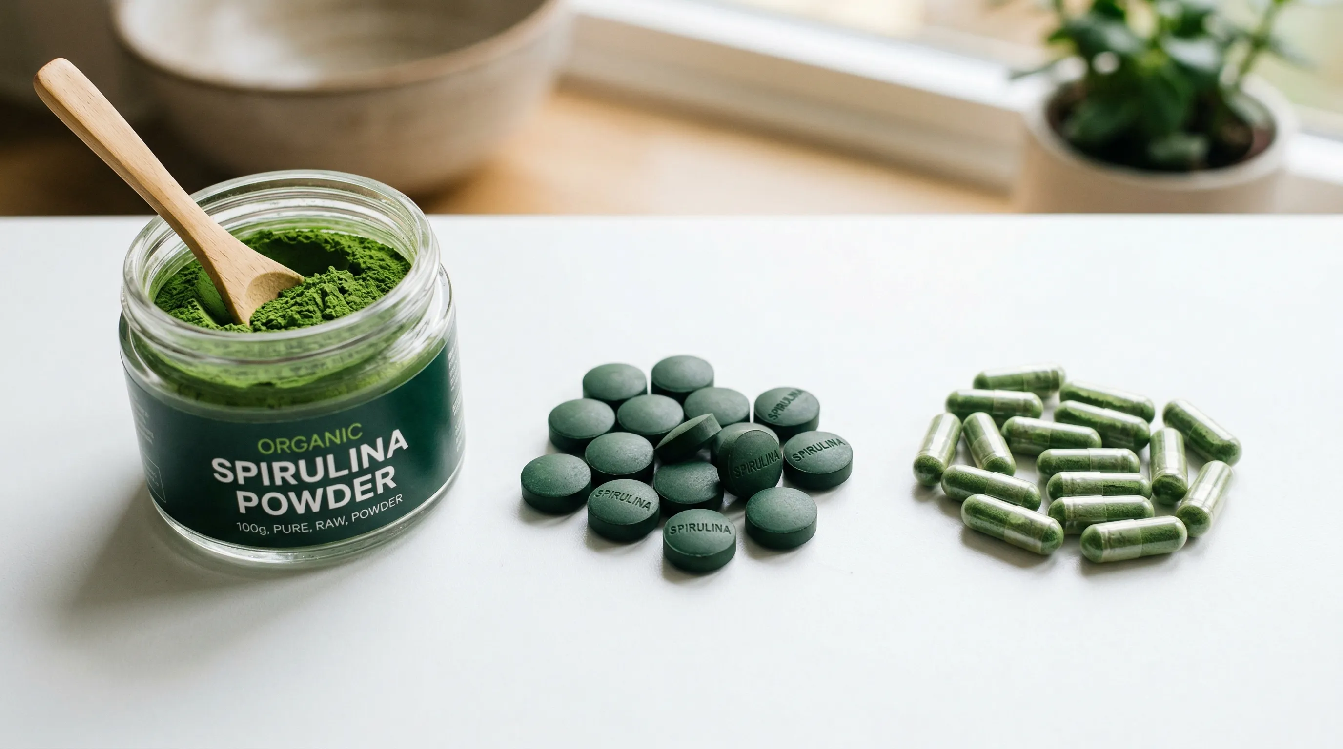 Various spirulina supplement forms including green powder, pressed tablets, and capsules arranged on a white surface