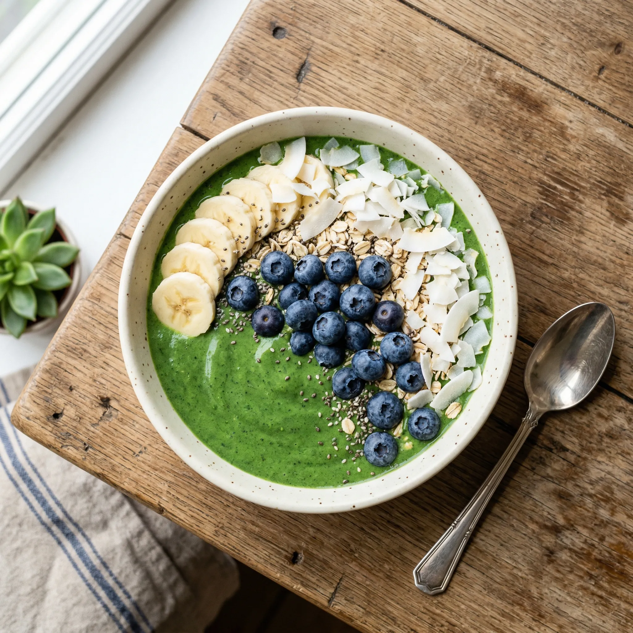 Bright green spirulina smoothie bowl topped with banana slices, blueberries, and coconut flakes