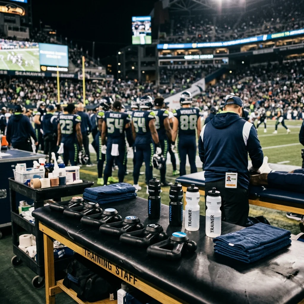 Massage guns on a professional sports trainer's table at a stadium sideline