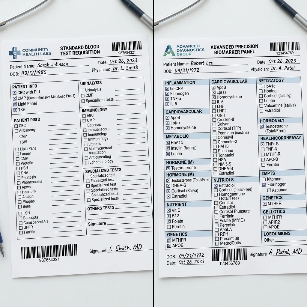 Comparison between standard blood test requisition and advanced biomarker panel showing the gap in testing comprehensiveness